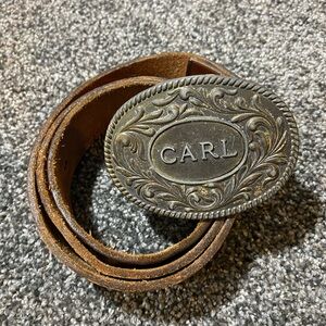 Vintage The Kinney Co 1977 Metal Cowboy Belt buckle Embossed Design Name Carl